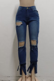 Blue Fashion Casual Solid Ripped Slit Mid Waist Regular Denim Jeans