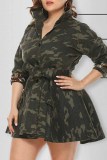 Camouflage Fashion Casual Camouflage Print Patchwork With Belt Turndown Collar Plus Size Overcoat