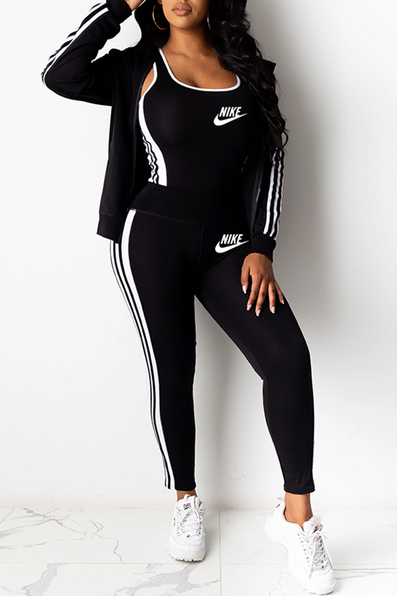 Black Fashion Casual Print Split Joint Long Sleeve Three Pieces