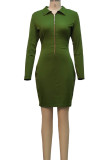 Verde sexy sólido patchwork zíper colarinho vestidos de saia de um passo