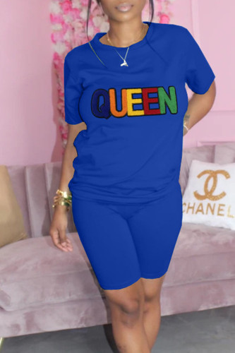 Blue Casual Solid Embroidered Patchwork O Neck Short Sleeve Two Pieces
