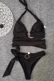 Black Sexy Vacation Solid Bandage Hollowed Out Swimwears