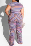 Stripe Fashion Casual Stripe Print Bandage O Neck Plus Size Due pezzi