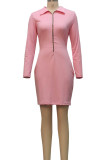 Pink Sexy Solid Patchwork Zipper Collar One Step Skirt Dresses