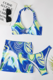 Turquoise Sexy Vacation Print Patchwork Swimwears