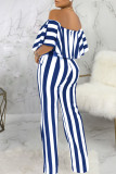 Burgundy Fashion Casual Striped Print Patchwork Off the Shoulder Straight Jumpsuits