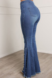 Diepblauwe casual straat effen patchwork kralen hoge taille denim jeans met hoge taille