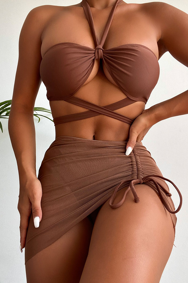 

Brown Sexy Solid Bandage Split Joint Draw String Fold Swimwears