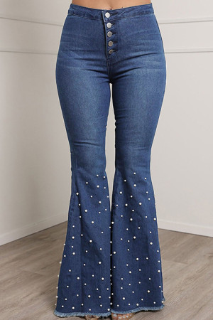 Blue Casual Street Solid Patchwork Beading High Waist Boot Cut Flare Leg Denim Jeans
