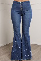 Jeans in denim con taglio a stivale a vita alta con patchwork solido blu casual da strada