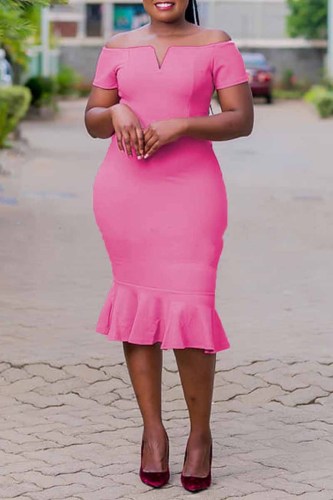 Pink Sexy Casual Plus Size Solid Backless Off the Shoulder Short Sleeve Dress
