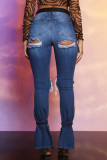 Blauwe mode casual effen gescheurde split midden taille normale denim jeans