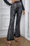 Pantalones de patchwork de altavoz de cintura alta con corte de bota de patchwork de lentejuelas de calle sexy negro