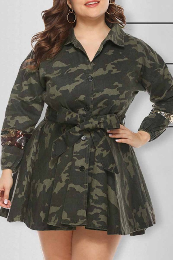 Camouflage Mode Casual Camouflage Print Patchwork med bälte turndown krage Plus Size Overcoat