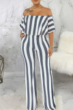 Earth Yellow Fashion Casual Striped Print Patchwork Off the Shoulder Straight Jumpsuits
