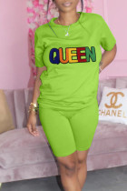 Fluorescent Color Casual Solid Embroidered Patchwork O Neck Short Sleeve Two Pieces