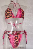 Pink Fashion Vacation Leopard Patchwork Draw String Swimwears