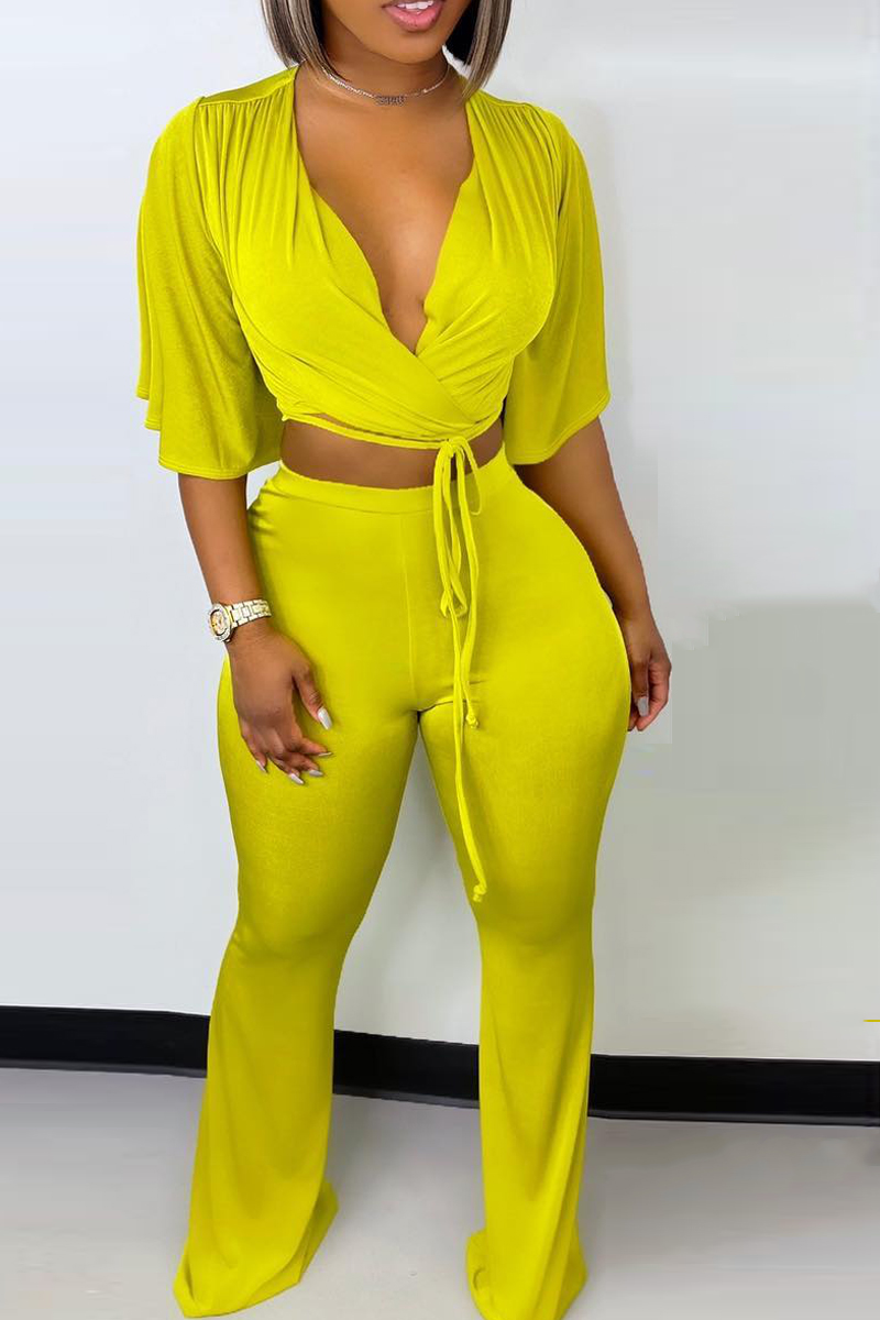 

Yellow Fashion Casual Solid Frenulum V Neck Half Sleeve Two Pieces