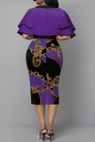 Robes de jupe crayon à col rond et à volants violets à imprimé vintage