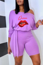 Purple Casual Print Bandage Split Joint Off the Shoulder Straight Jumpsuits