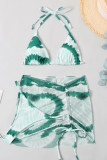 Green Sexy Print Tie Dye Bandage Patchwork Draw String Fold Swimwears