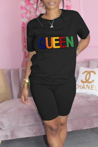 Black Casual Solid Embroidered Patchwork O Neck Short Sleeve Two Pieces