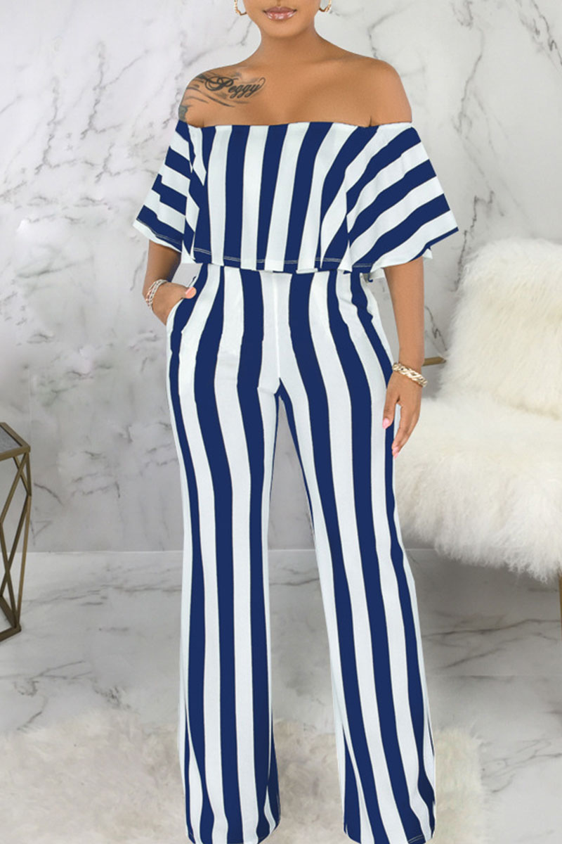 

Blue Fashion Casual Striped Print Split Joint Off the Shoulder Straight Jumpsuits