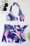 Blue Purple Sexy Vacation Print Patchwork Swimwears