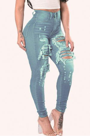 Light Blue Fashion Casual Solid Ripped Skinny Denim Jeans