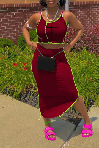 Burgundy Sexy Print Patchwork Asymmetrical Spaghetti Strap Sleeveless Two Pieces