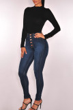 Blaue, modische, lässige, solide Knöpfe mit hoher Taille und dünner Denim-Jeans