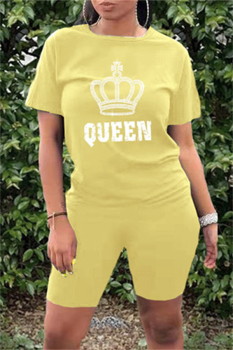 Yellow Fashion Casual Letter Print Hot Drill O Neck Short Sleeve Two Pieces