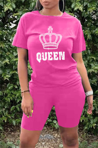 Pink Fashion Casual Letter Print Hot Drill O Neck Short Sleeve Two Pieces