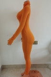 オレンジセクシーなソリッドジッパーパッチワークOネックスキニージャンプスーツ