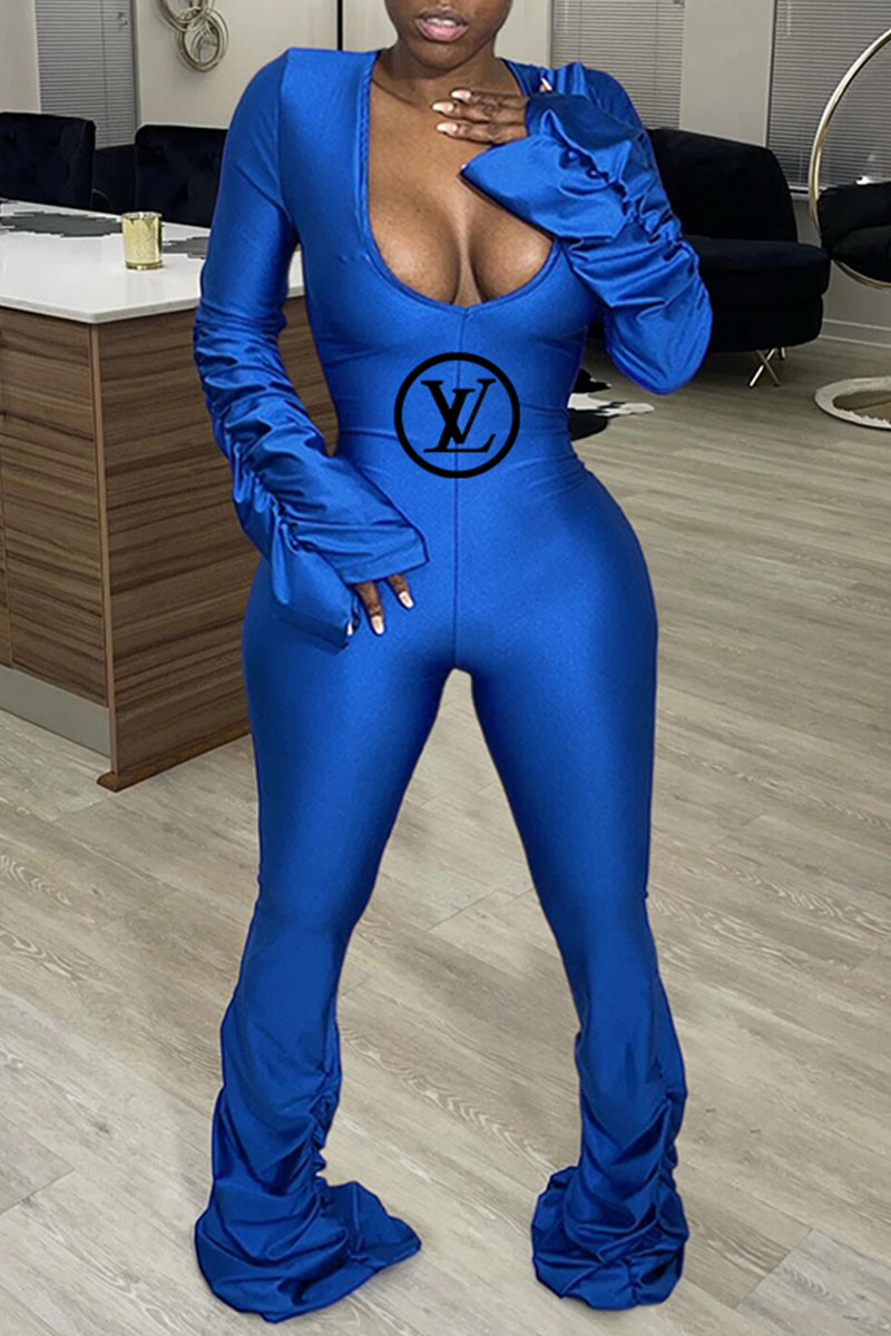 

Blue Fashion Sexy Print Fold Letter V Neck Jumpsuits