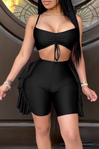 Black Sexy Solid Split Joint Flounce Spaghetti Strap Sleeveless Two Pieces