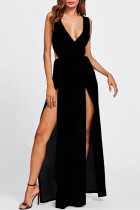 Black Fashion Sexy Solid Slit V-hals mouwloze jurk