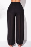 Calças pretas moda casual sólida transparente com fenda regular cintura alta