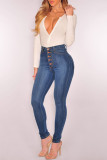 Blaue, modische, lässige, solide Knöpfe mit hoher Taille und dünner Denim-Jeans