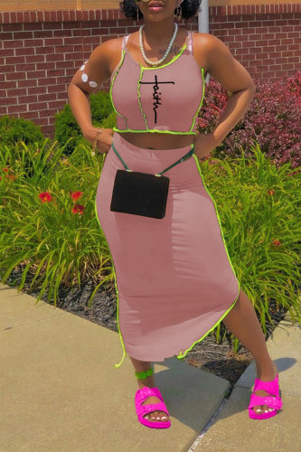 Pink Sexy Print Patchwork Asymmetrical Spaghetti Strap Sleeveless Two Pieces