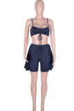 Black Sexy Solid Patchwork Flounce Spaghetti Strap Sleeveless Two Pieces