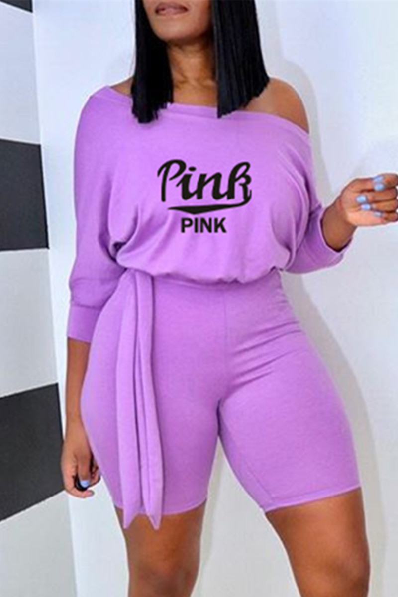 

Purple Fashion Casual Letter Print Patchwork Oblique Collar Regular Romper