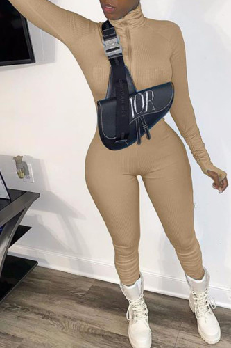 Khaki Sexy Solid Zipper Patchwork O Neck Skinny Jumpsuits