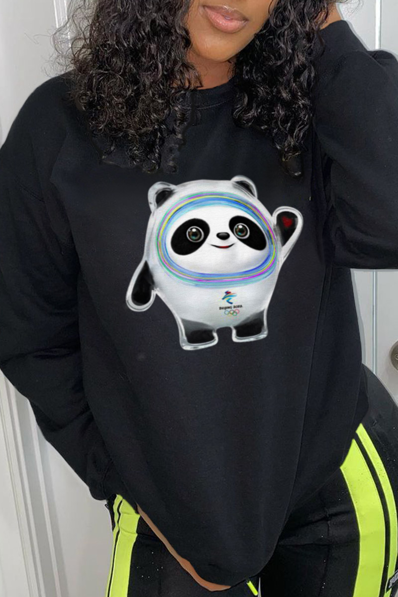 

Black Street Cute Character Split Joint O Neck Tops