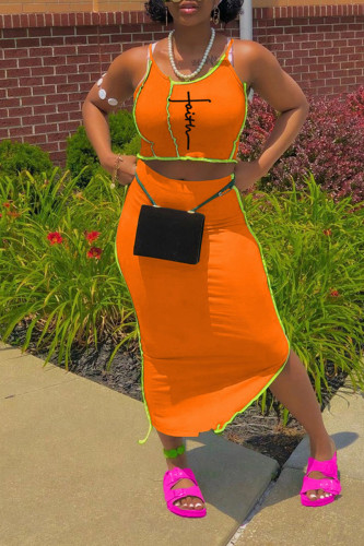 Tangerine Red Sexy Print Patchwork Asymmetrical Spaghetti Strap Sleeveless Two Pieces