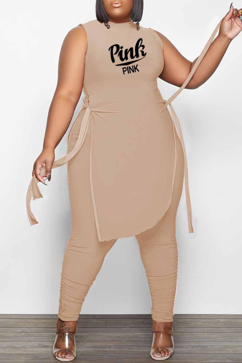 

Khaki Fashion Casual Plus Size Letter Print Bandage Split Joint O Neck Sleeveless Two Pieces