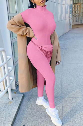 Pink Casual Solid Zipper Embroidered Half A Turtleneck Regular Jumpsuits