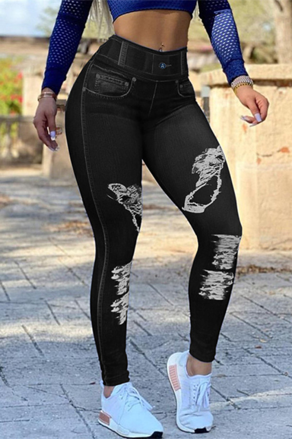 Schwarze Mode Casual Print Basic Skinny Hose mit hoher Taille