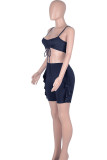 Navy Blue Sexy Solid Patchwork Flounce Spaghetti Strap Sleeveless Two Pieces