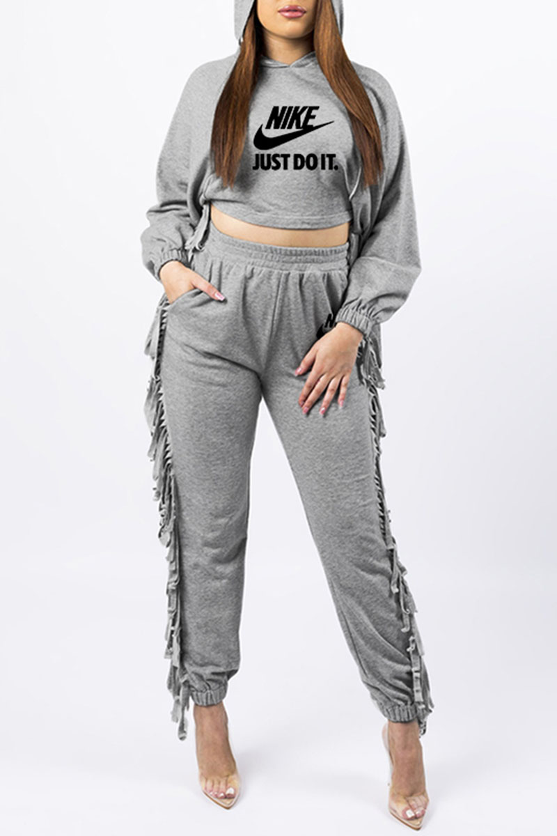 

Grey Fashion Sportswear Print Letter Hooded Collar Long Sleeve Two Pieces